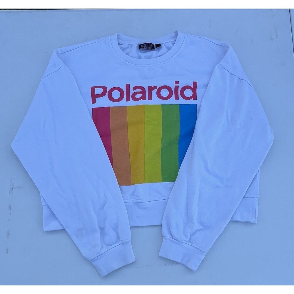 Polaroid White Cropped Crewneck Pullover w/ Polaroid rainbow logo Size XL